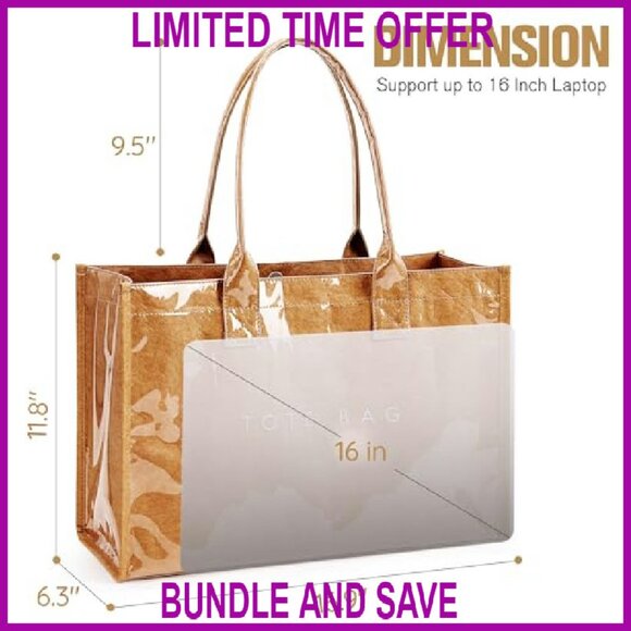 Large PVC Kraft Paper Tote Bag with Wide Handles, Waterproof & Foldable - Picture 6 of 8